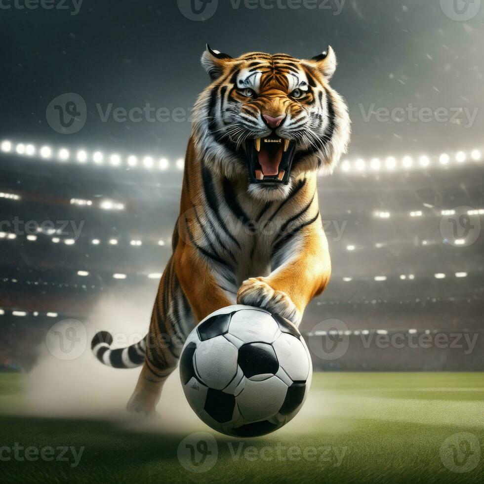 mooi tijger met voetbal bal, woedend tijger in stadion achtergrond. ai gegenereerd foto