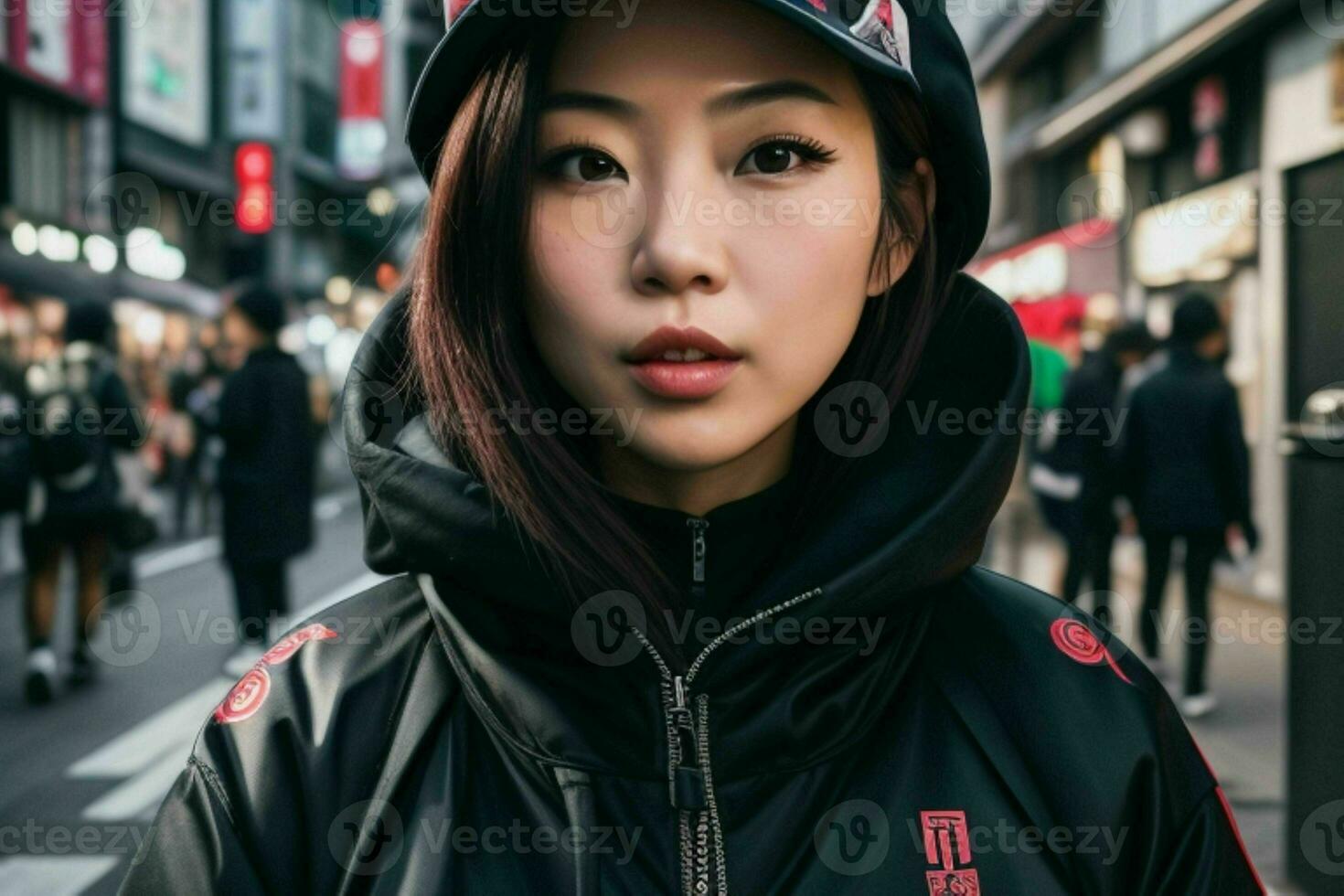 portret van een vrouw in streetwear Aan de straat. ai generatief pro foto