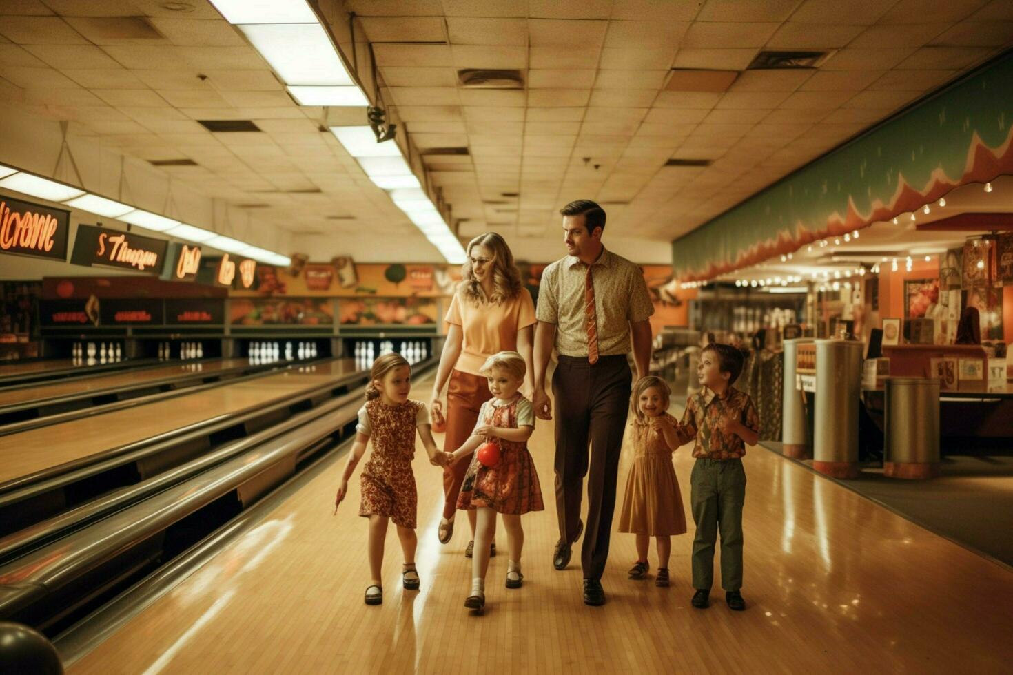 een familie spel van bowling Aan vaders dag foto