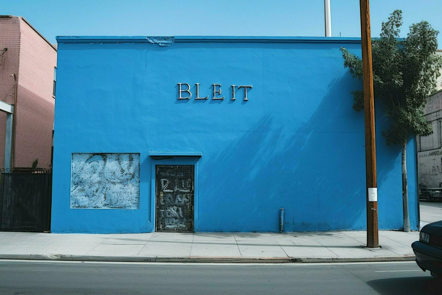 een blauw muur met een groot scherm dat zegt blauw foto
