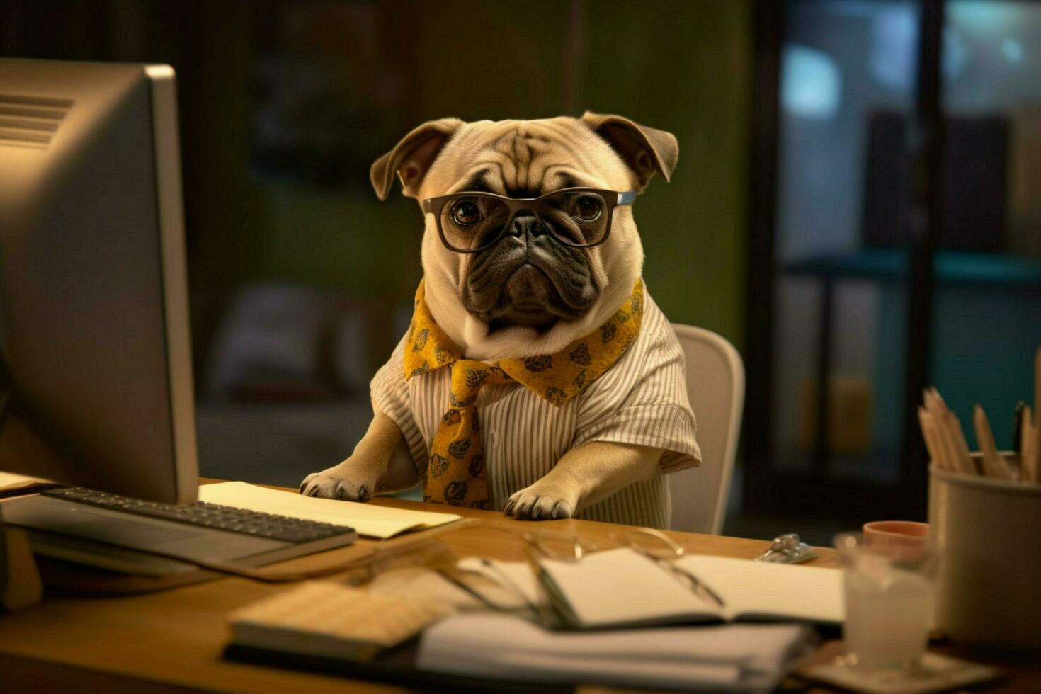 een hond vervelend bril zit Bij een bureau met een computer foto