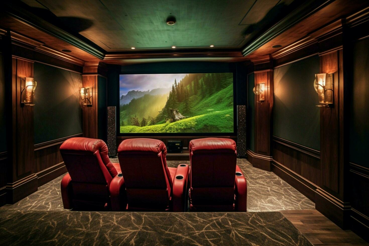 een huis theater met een rood stoel en een groot scherm foto
