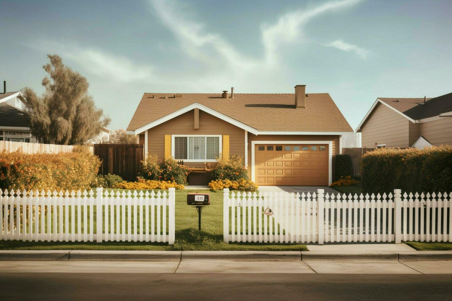 een huis met een garage en een hek in voorkant van het foto