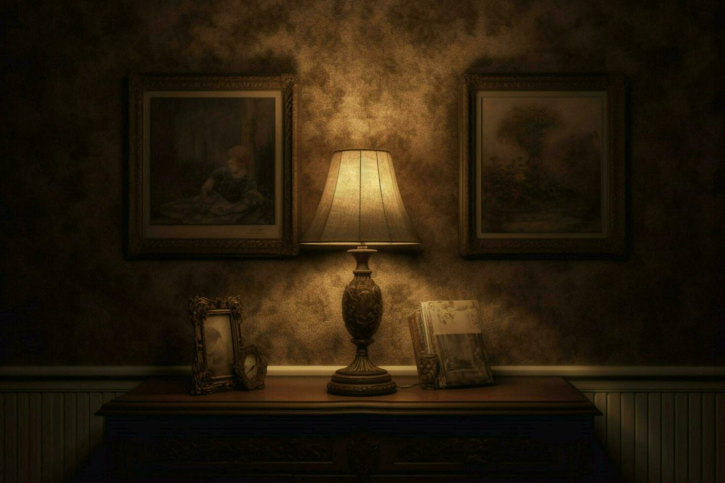 een lamp en een afbeelding kader zijn Aan een tafel foto