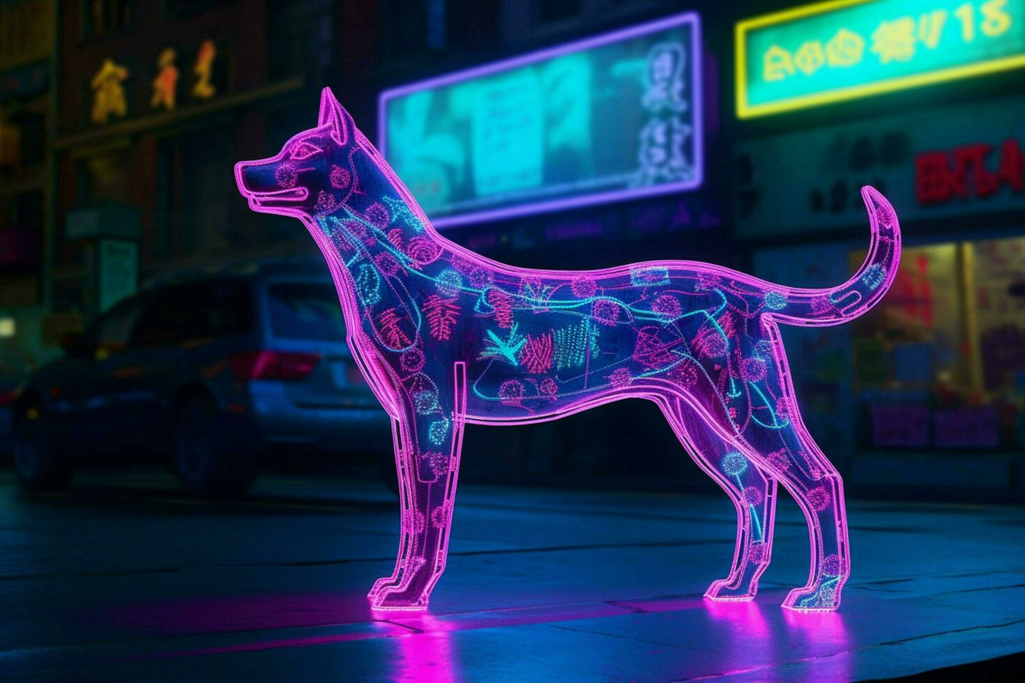 een neon luipaard hond in een stad foto