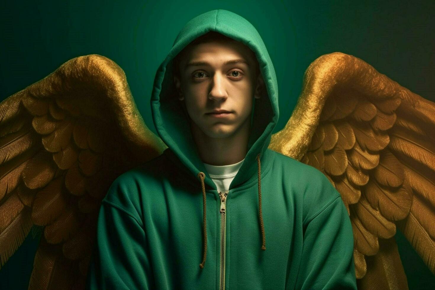 een poster voor engelen shows een Mens vervelend een groen h foto