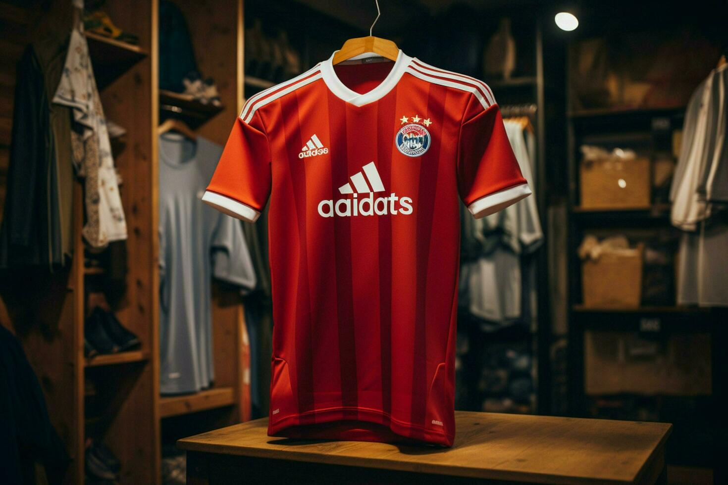 een rood Jersey met de woord adidas Aan het foto