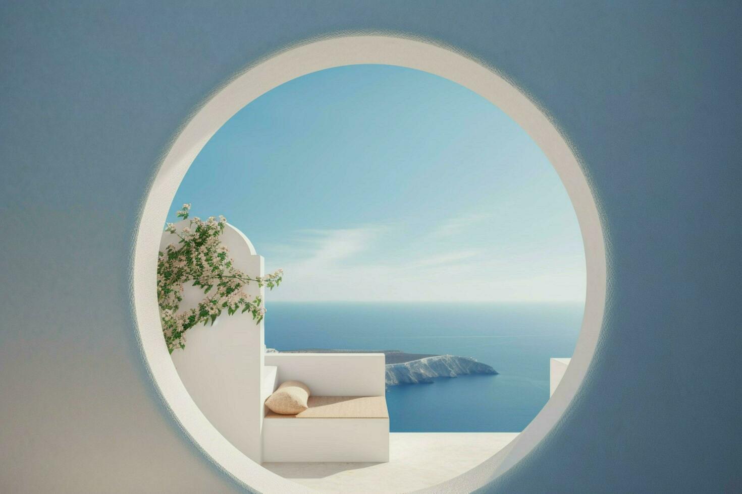 een ronde venster met een blauw lucht in de achtergrond foto