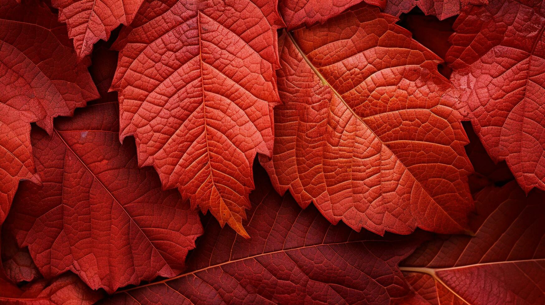 een dichtbij omhoog foto van een roodachtig herfst blad, in de stijl van levendig en levendig tinten, levendig stadium achtergronden, Noord West school, goud en karmozijnrood, ai gegenereerd.