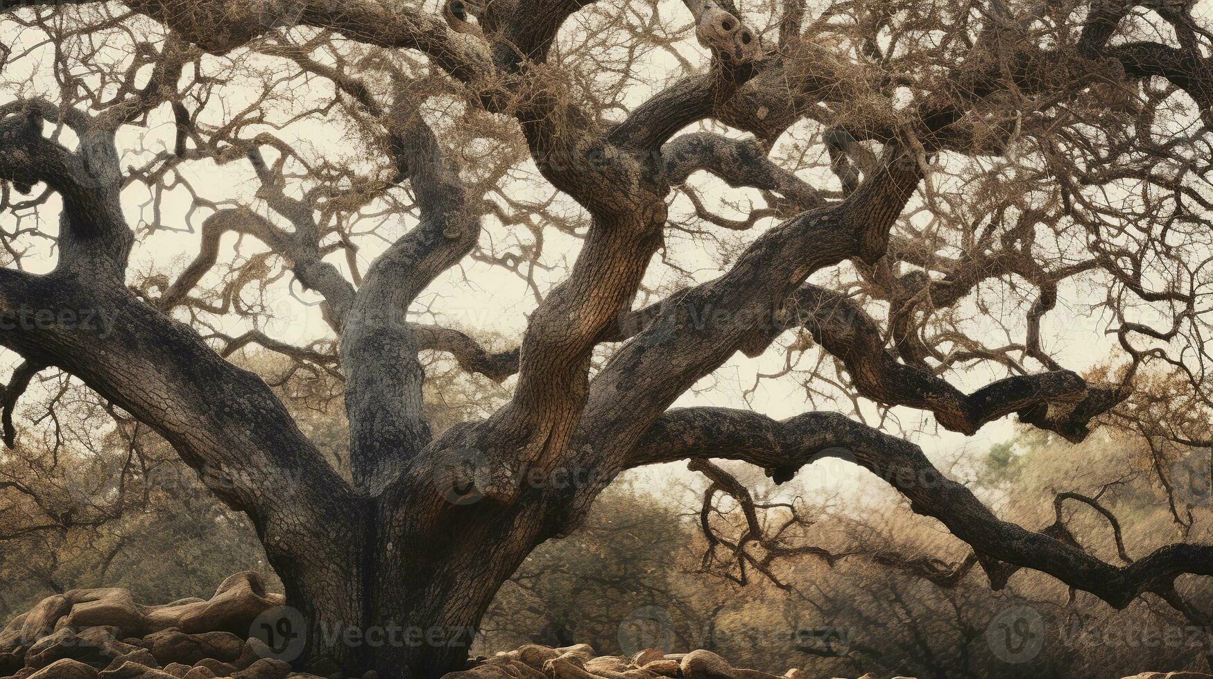 vastleggen de karakter van een oud eik boom met haar knoestig takken en ruw blaffen, weergeven de ingewikkeld texturen dat komen met leeftijd. ai gegenereerd. foto