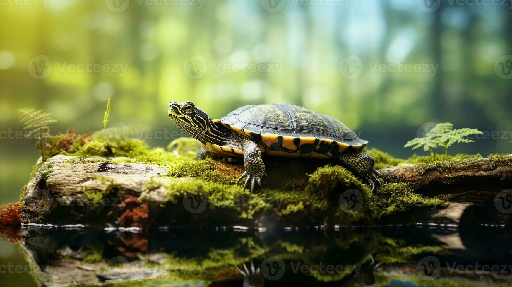 een boeiend samenstelling van een weinig schildpad genieten Aan een met mos bedekt log in een rustig vijver, tegen een wazig aquatisch achtergrond, aanbieden een betoverend tafereel voor toevoegen tekst. ai gegenereerd. foto