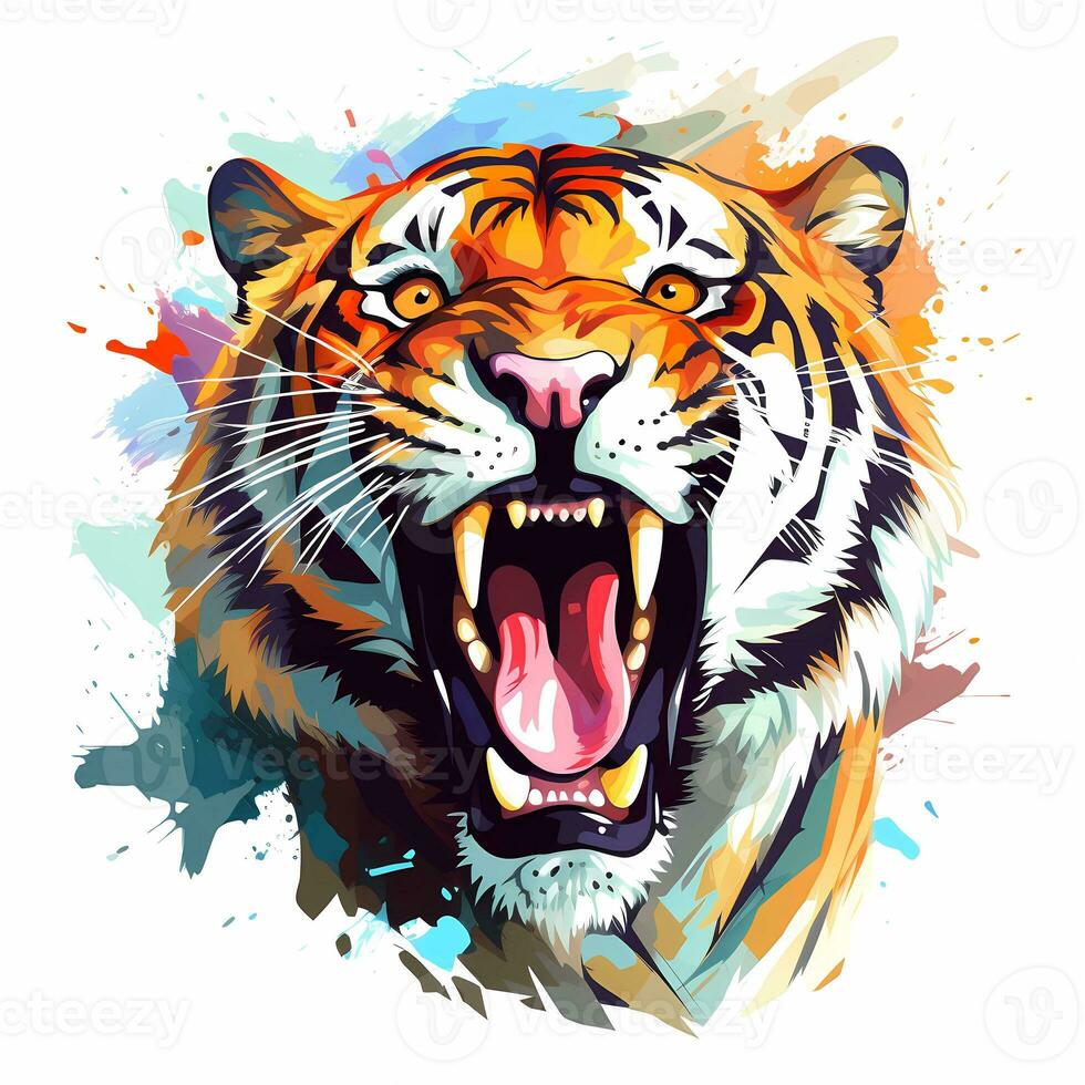 illustratie van een brullen tijger, pastel tetradisch kleuren stijl, schattig en eigenzinnig, fantasie kunst, waterverf effect, wit achtergrond. ai gegenereerd foto