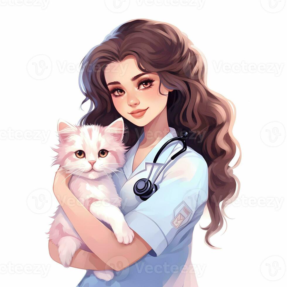 illustratie van verpleegster Holding een kat, pastel tetradisch kleuren, schattig en eigenzinnig, fantasie kunst, waterverf effect, wit achtergrond. ai gegenereerd foto