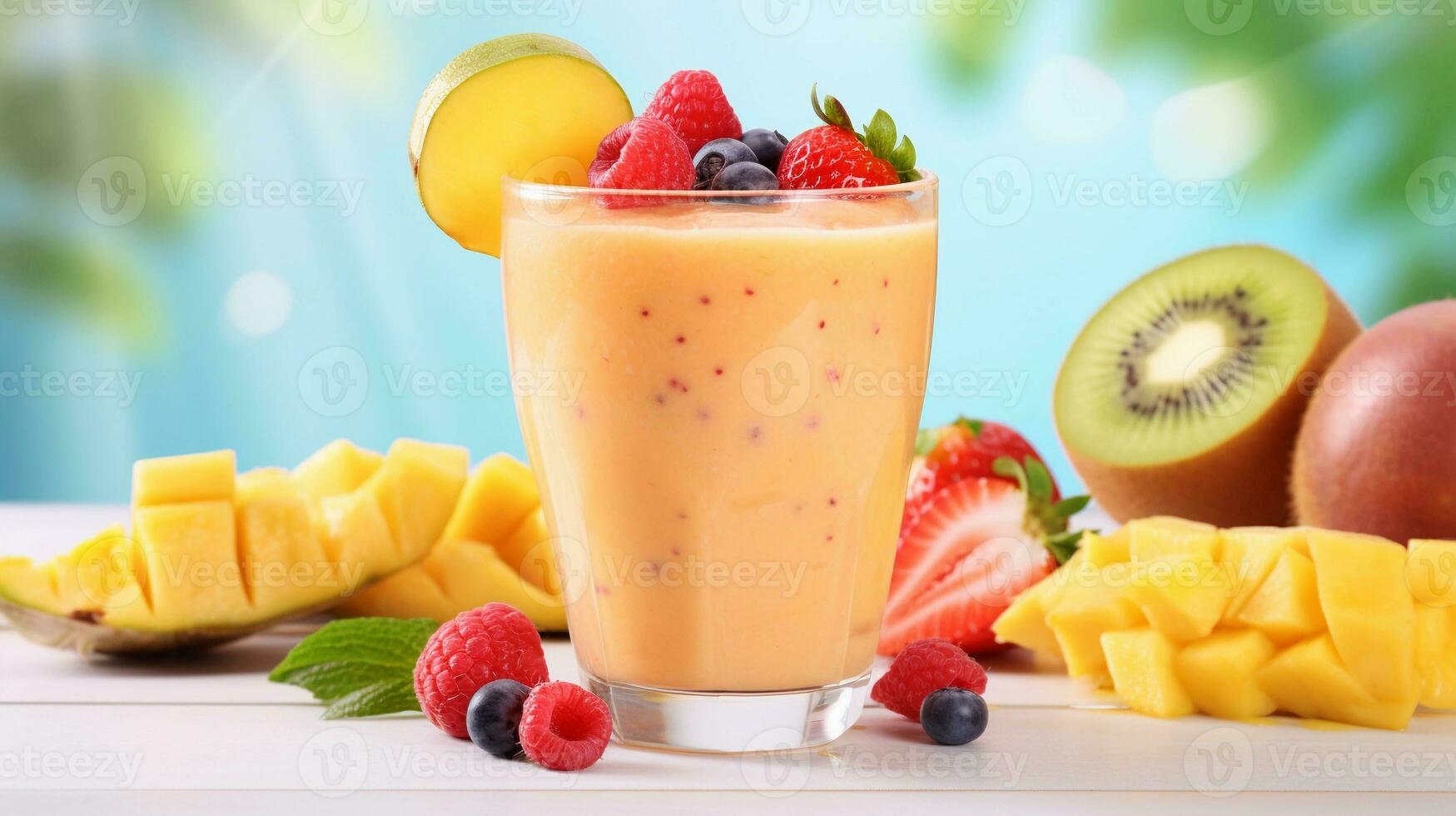 een visueel aantrekkelijk samenstelling presentatie van een verfrissend tropisch fruit smoothie in een Pastelkleurige glas, uitnodigend tekst naar deel, achtergrond afbeelding, ai gegenereerd foto