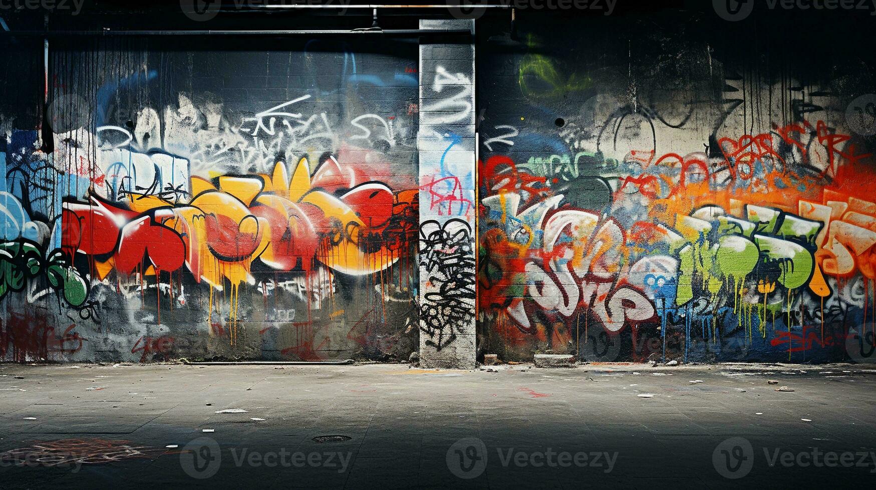 een tafereel illustreren een abstract en getextureerde graffiti muurschildering dat nodigt uit interpretatie, met ruimte voor tekst, achtergrond afbeelding, ai gegenereerd foto