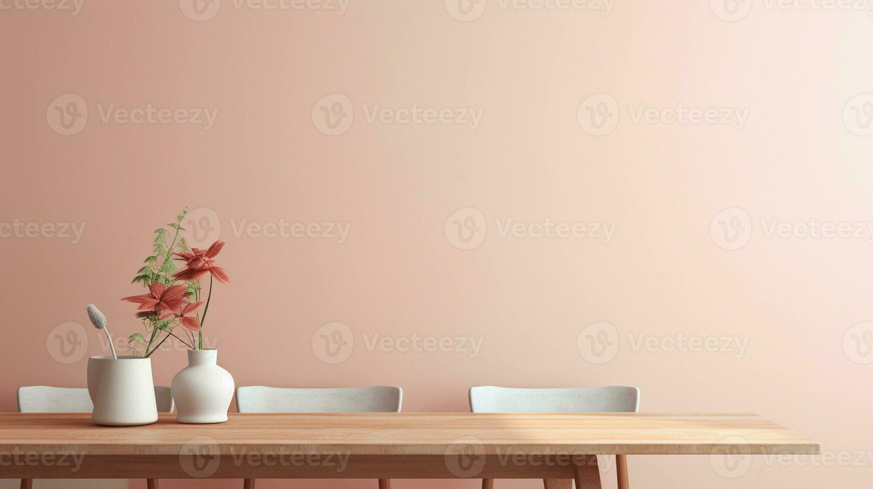 beeld van een dining tafel met ruimte voor tekst en schoon pastel muur achtergrond, achtergrond afbeelding, ai gegenereerd foto