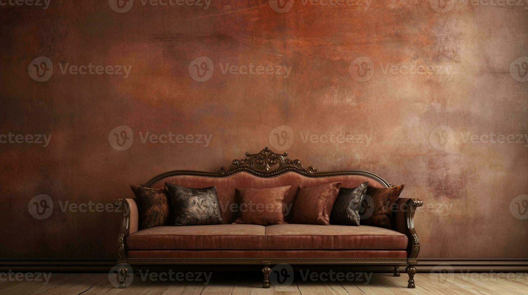 beeld van een mooi traditioneel sofa met ruimte voor tekst en getextureerde muur achtergrond, achtergrond afbeelding, ai gegenereerd foto
