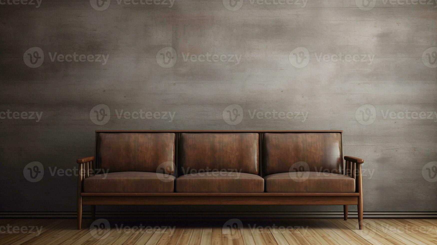 beeld van een mooi houten sofa met ruimte voor tekst en getextureerde muur achtergrond, achtergrond afbeelding, ai gegenereerd foto