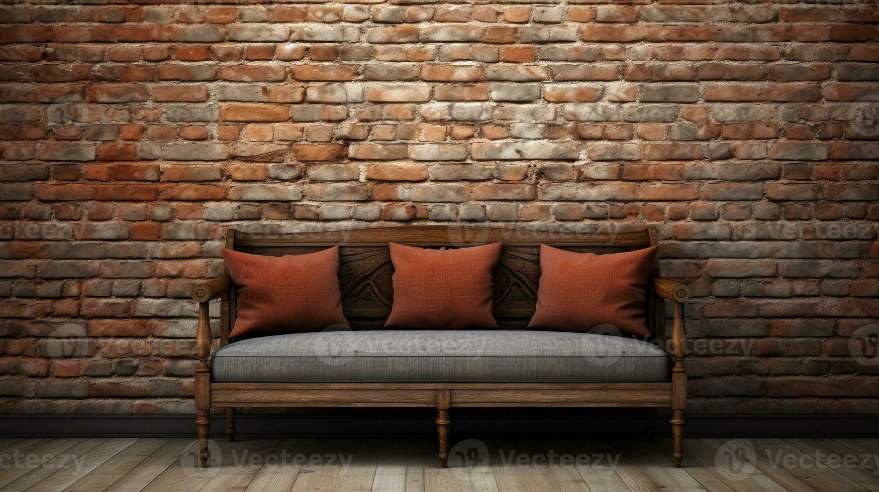 beeld van een traditioneel houten sofa met ruimte voor tekst en getextureerde levendig steen muur achtergrond, achtergrond afbeelding, ai gegenereerd foto