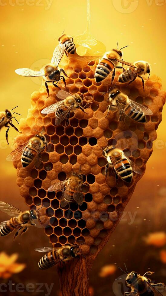 een beeld presentatie van een zeshoekig bijenkorf met bijen Bij werk, reeks tegen een getextureerde achtergrond. toestaan ruimte voor tekst, verticaal formaat, achtergrond afbeelding, generatief ai foto