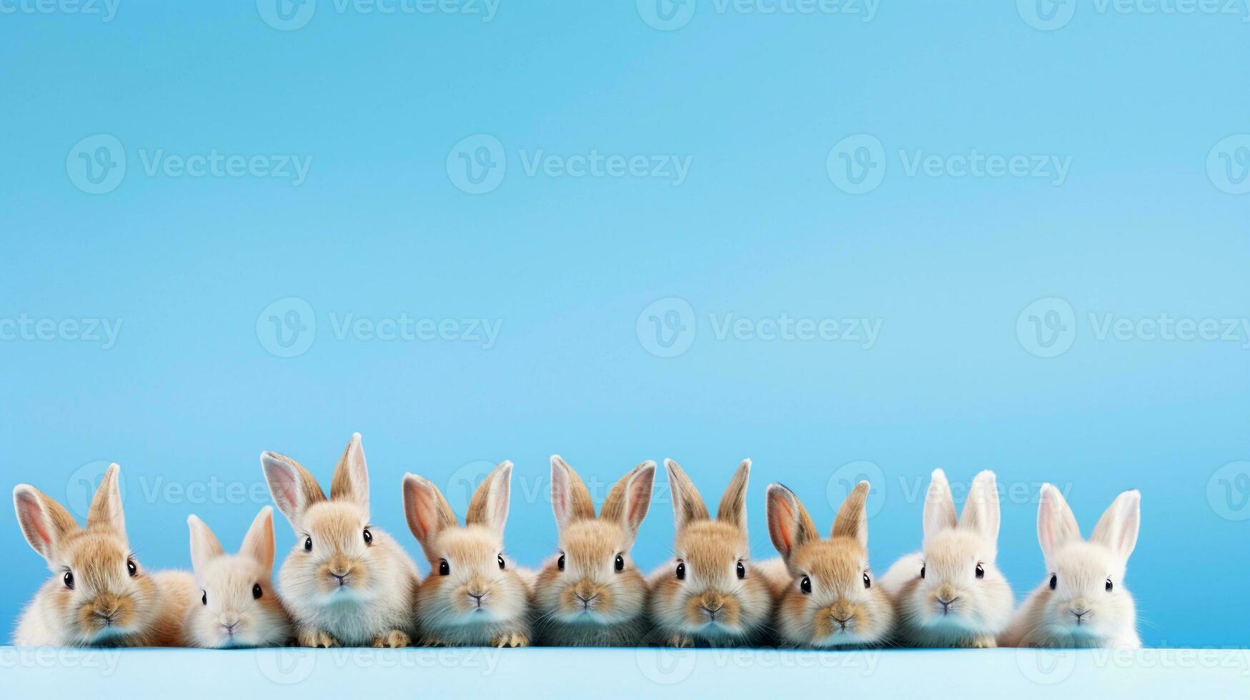 schattig baby konijntjes Aan een licht blauw achtergrond met ruimte voor tekst, achtergrond afbeelding, generatief ai foto