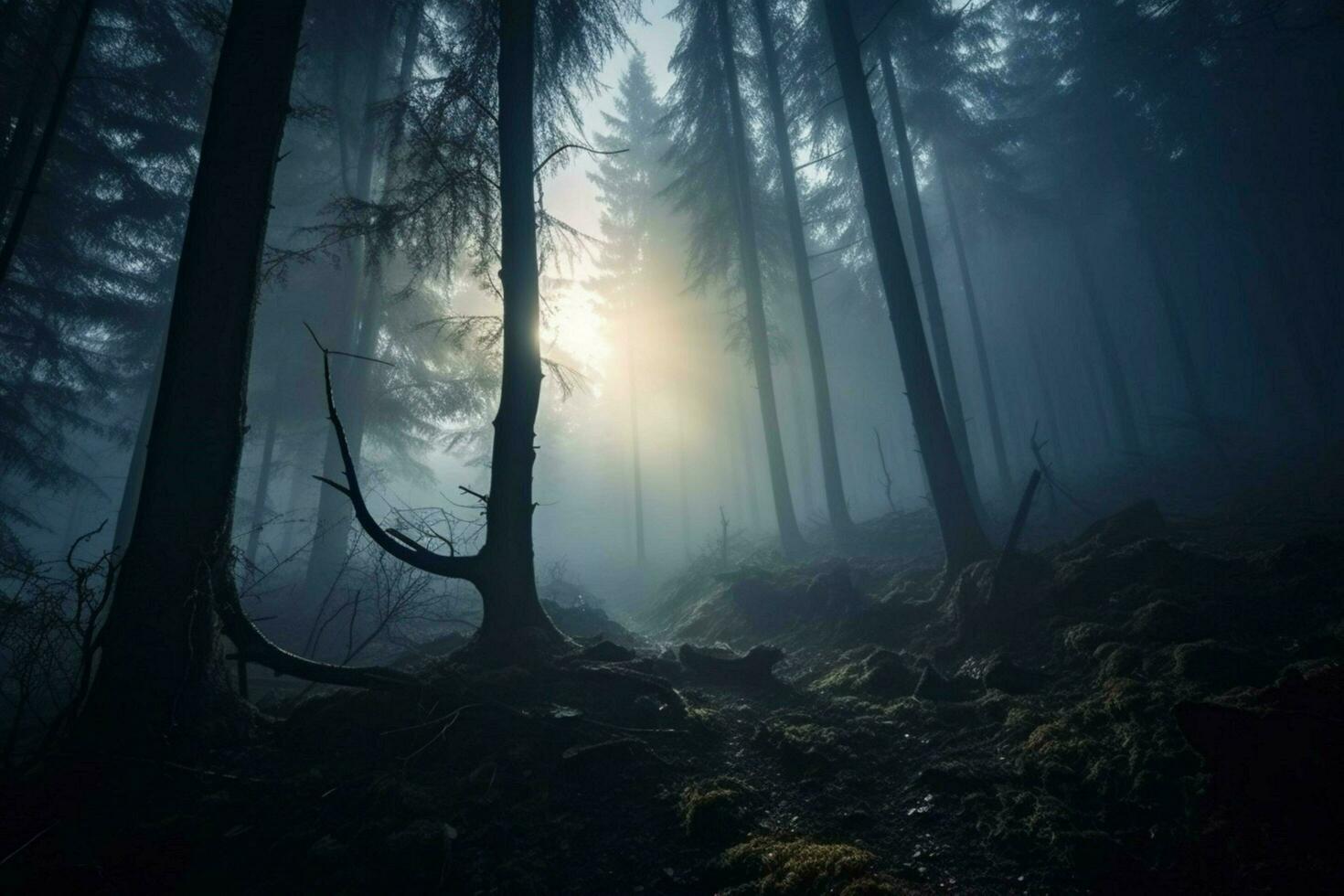 mistig Woud landschap donker silhouet mysterieus foto