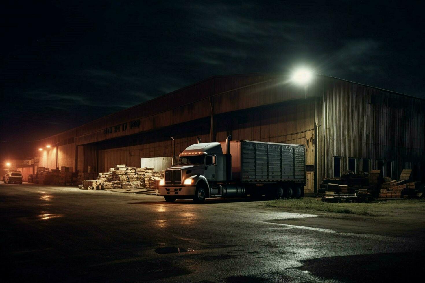 nacht vrachtvervoer levert lading naar staal magazijn foto