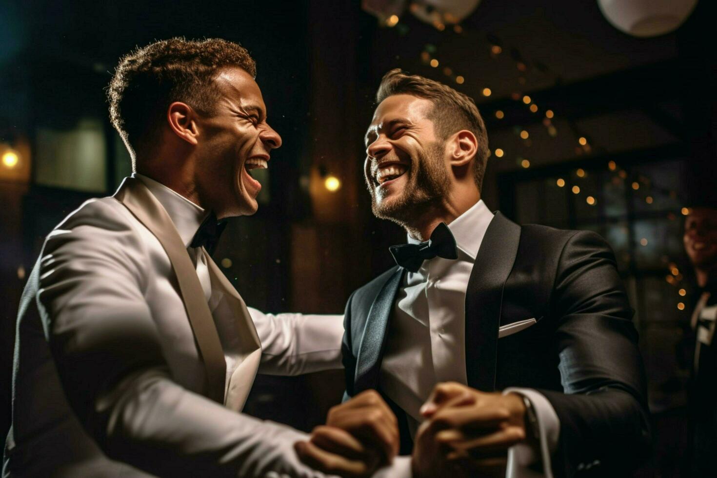 glimlachen homo paar dansen Aan hun bruiloft dag foto