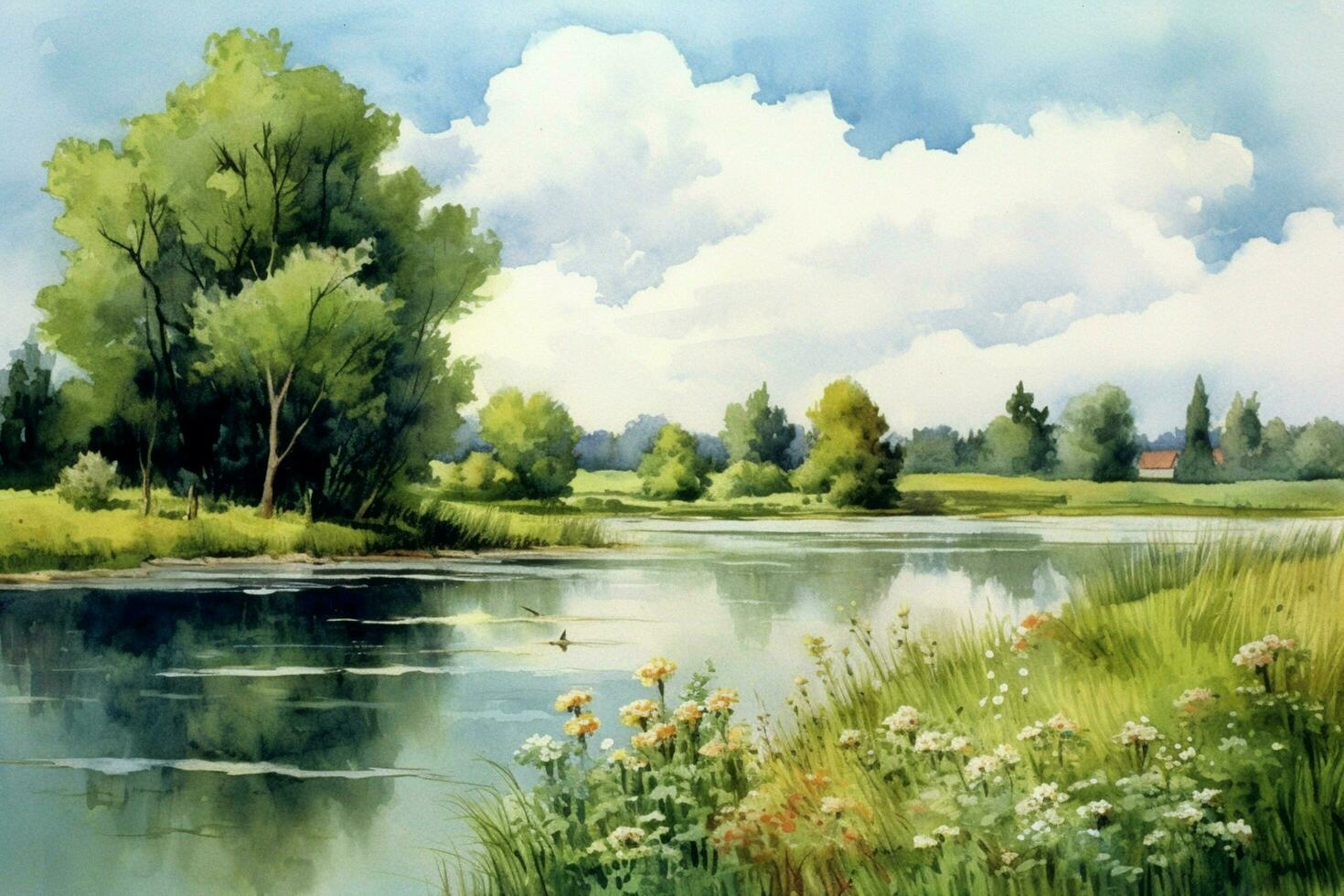 rustig zomer landschap een waterverf schilderij van foto
