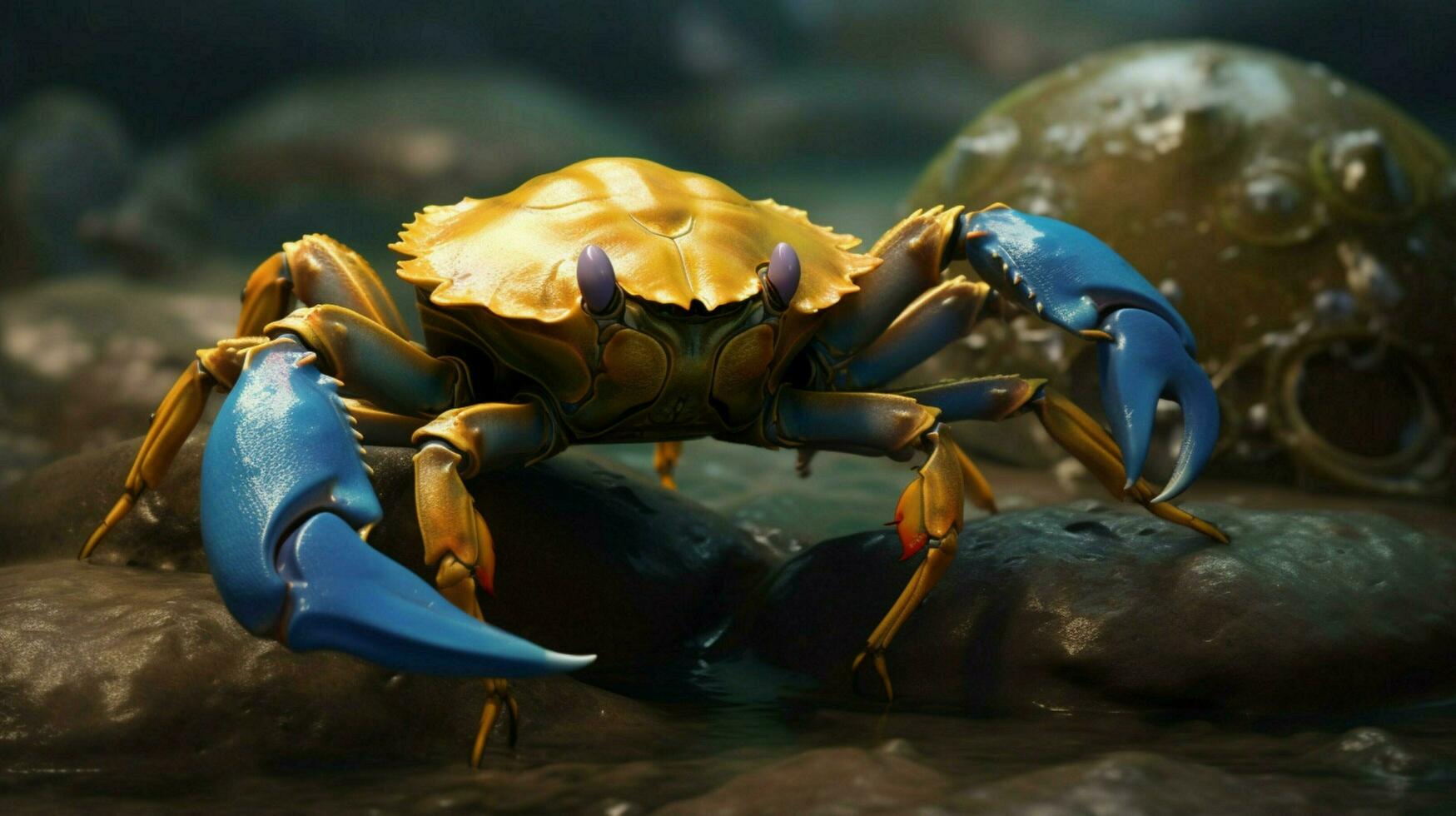 een blauw en goud krab met een groot geel krab Aan foto