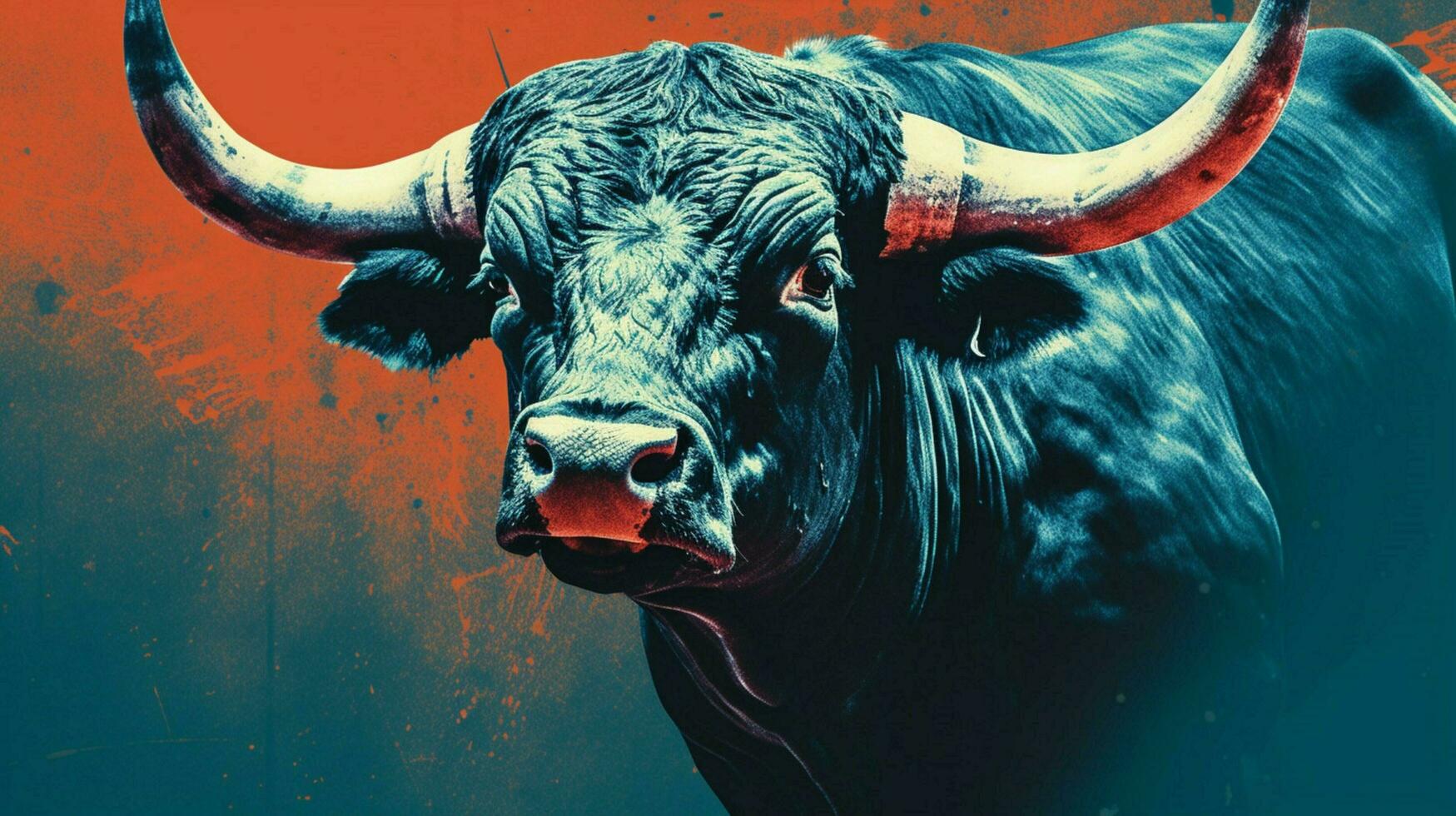 een poster van een stier met een blauw achtergrond foto