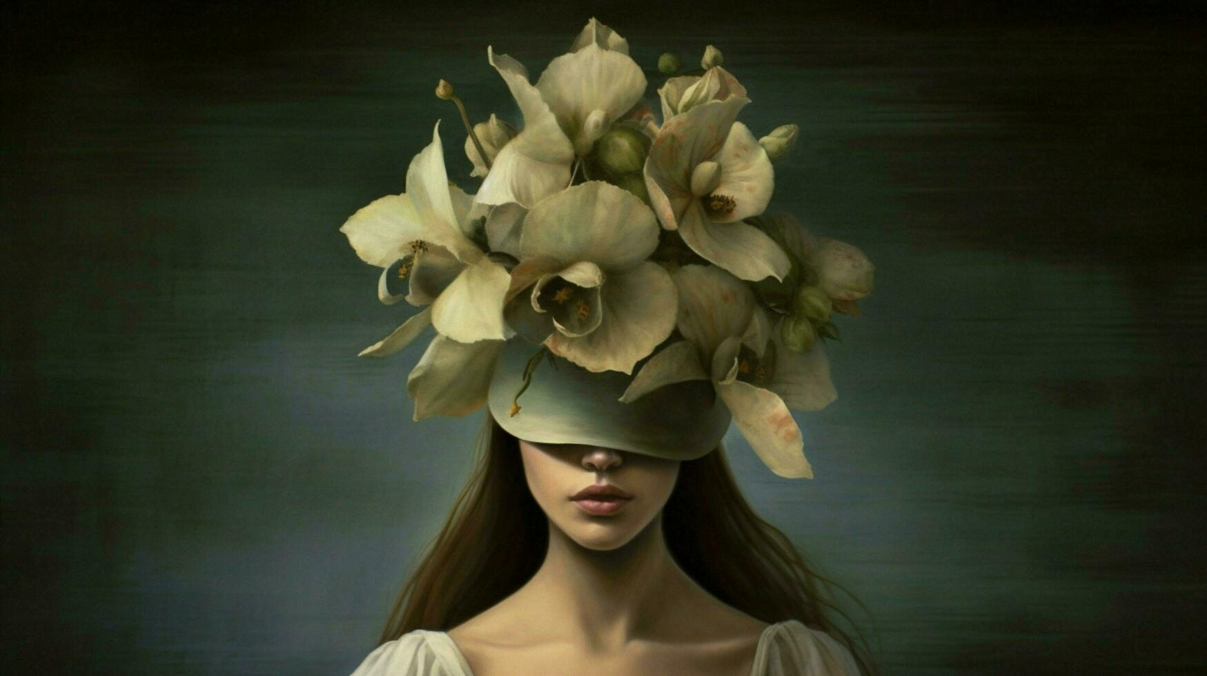 een vrouw in een masker met een bloem Aan haar hoofd foto