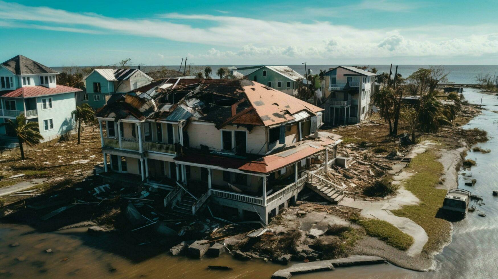 verschrikkelijk verwoesting na orkaan Aan huizen en p foto