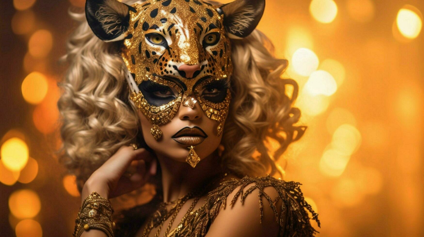 fantasie godin in tijger Jachtluipaard gouden masker foto