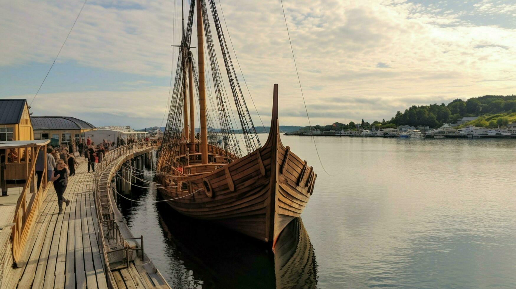 volledige schaal viking schip aangemeerd Bij haven met zeilen foto