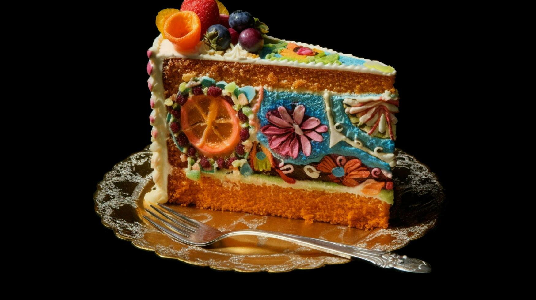 plak van taart versierd met levendig kleuren foto