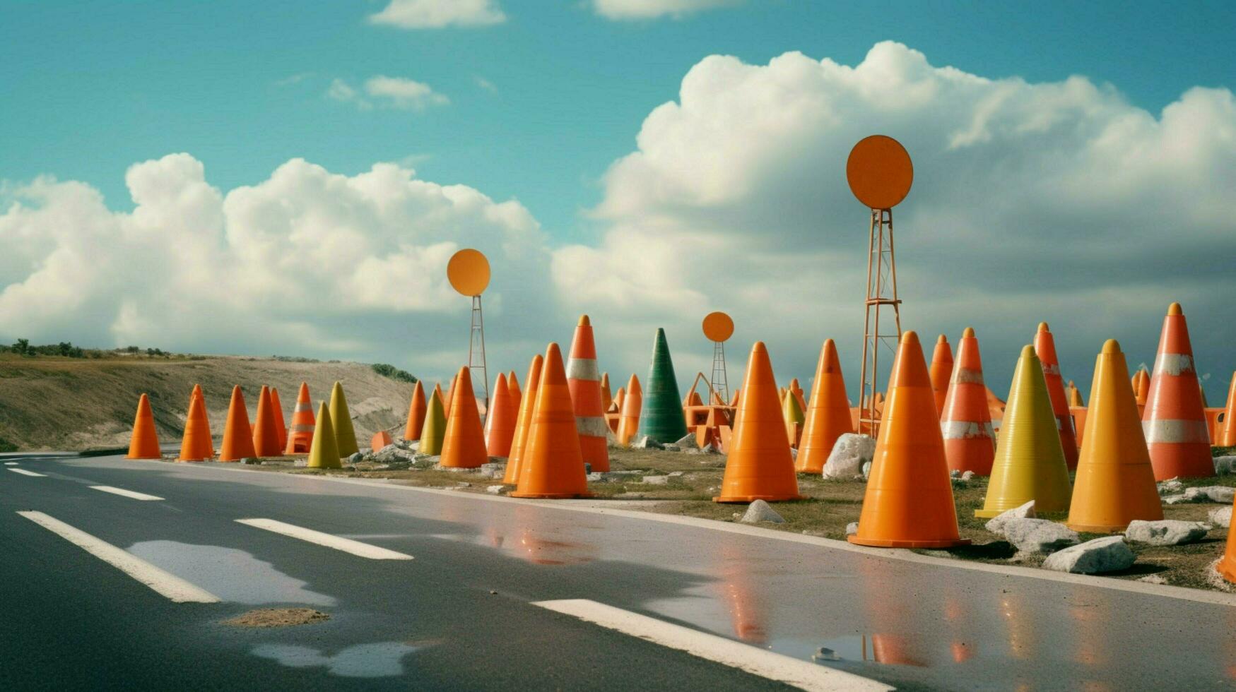 verkeer kegels en waarschuwing tekens Aan de kant foto