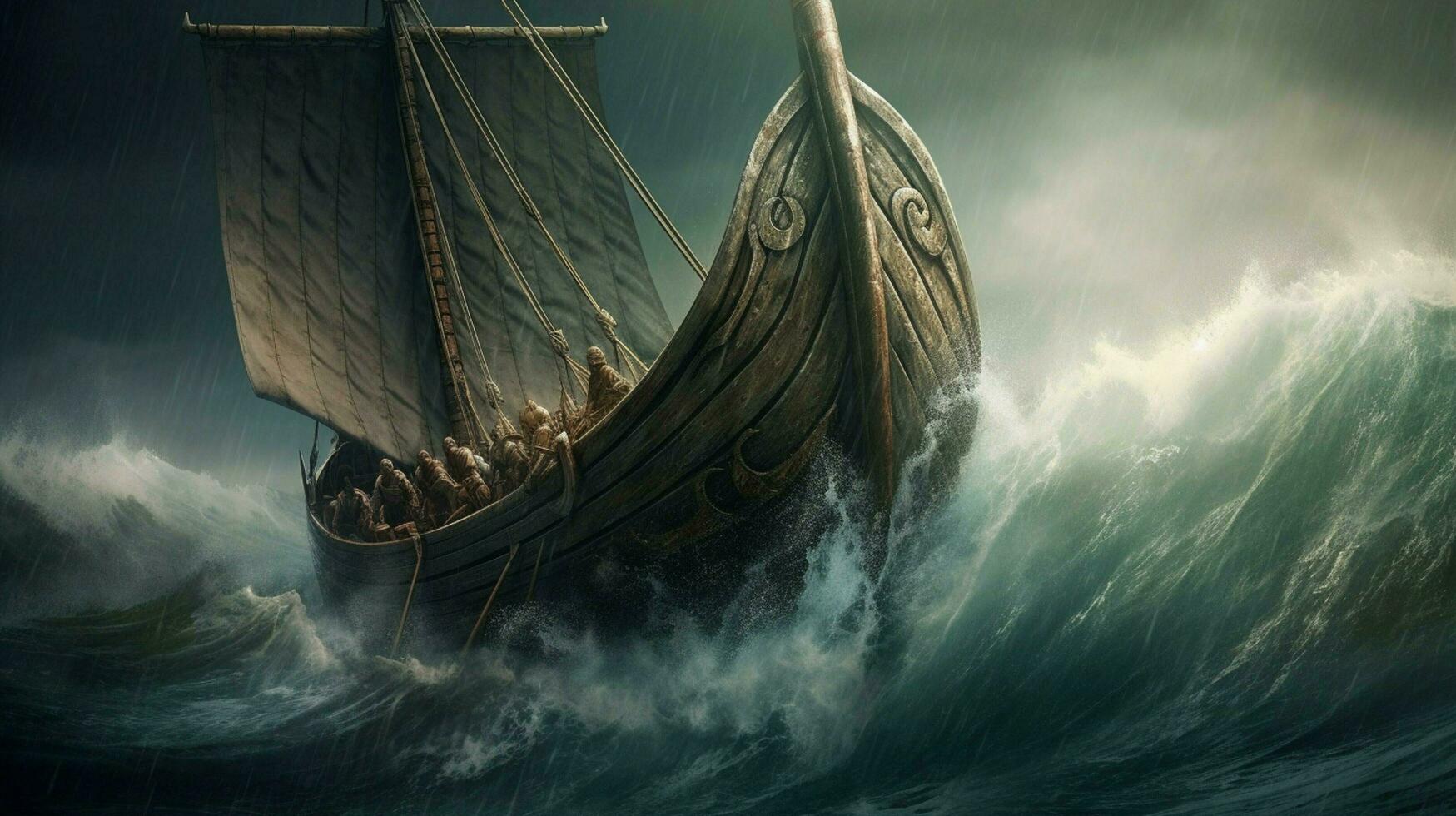 viking schip Aan stormachtig oceaan met golven crashen een foto