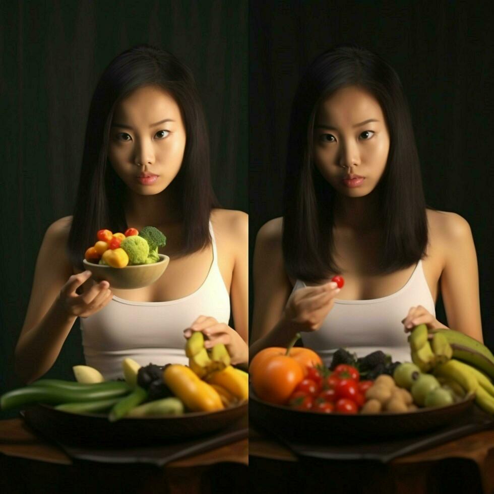 Product schoten van Aziatisch jong vrouw is aan het eten eetpatroon foto