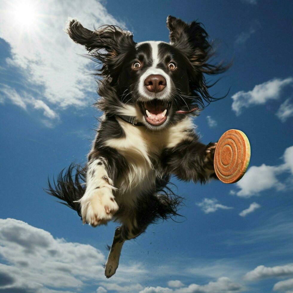 een dynamisch hond vangen een frisbee in de lucht foto