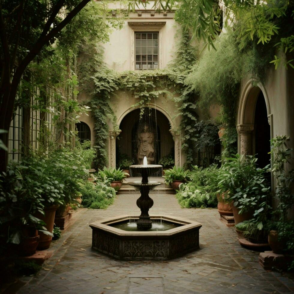 een sereen binnenplaats met een druppelen water fontein foto