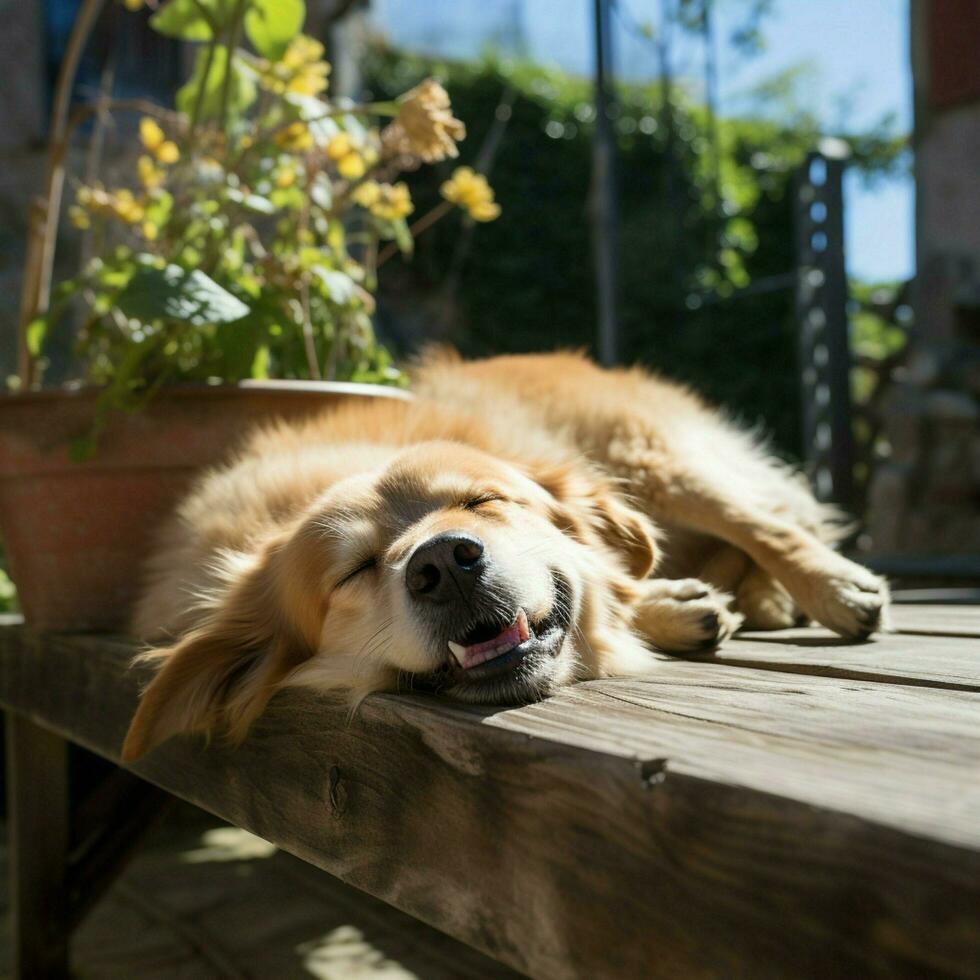 een slaperig pooch genieten in de zon foto