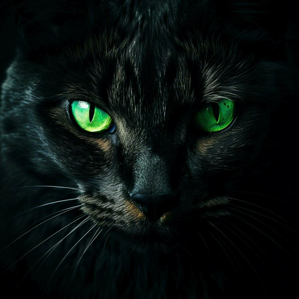 mysterieus zwart kat met doordringend groen ogen foto