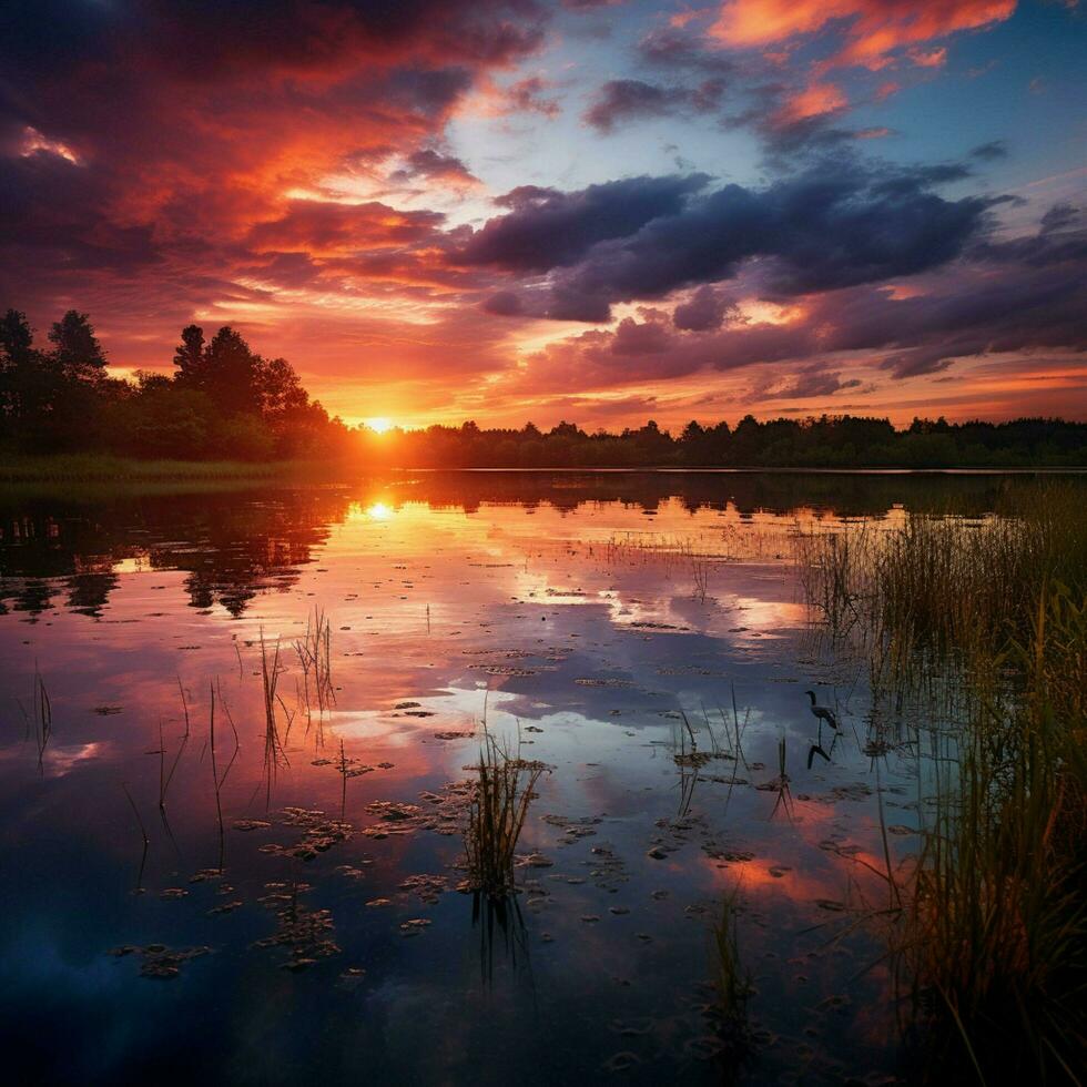 sereen zonsondergang over- een rustig meer foto