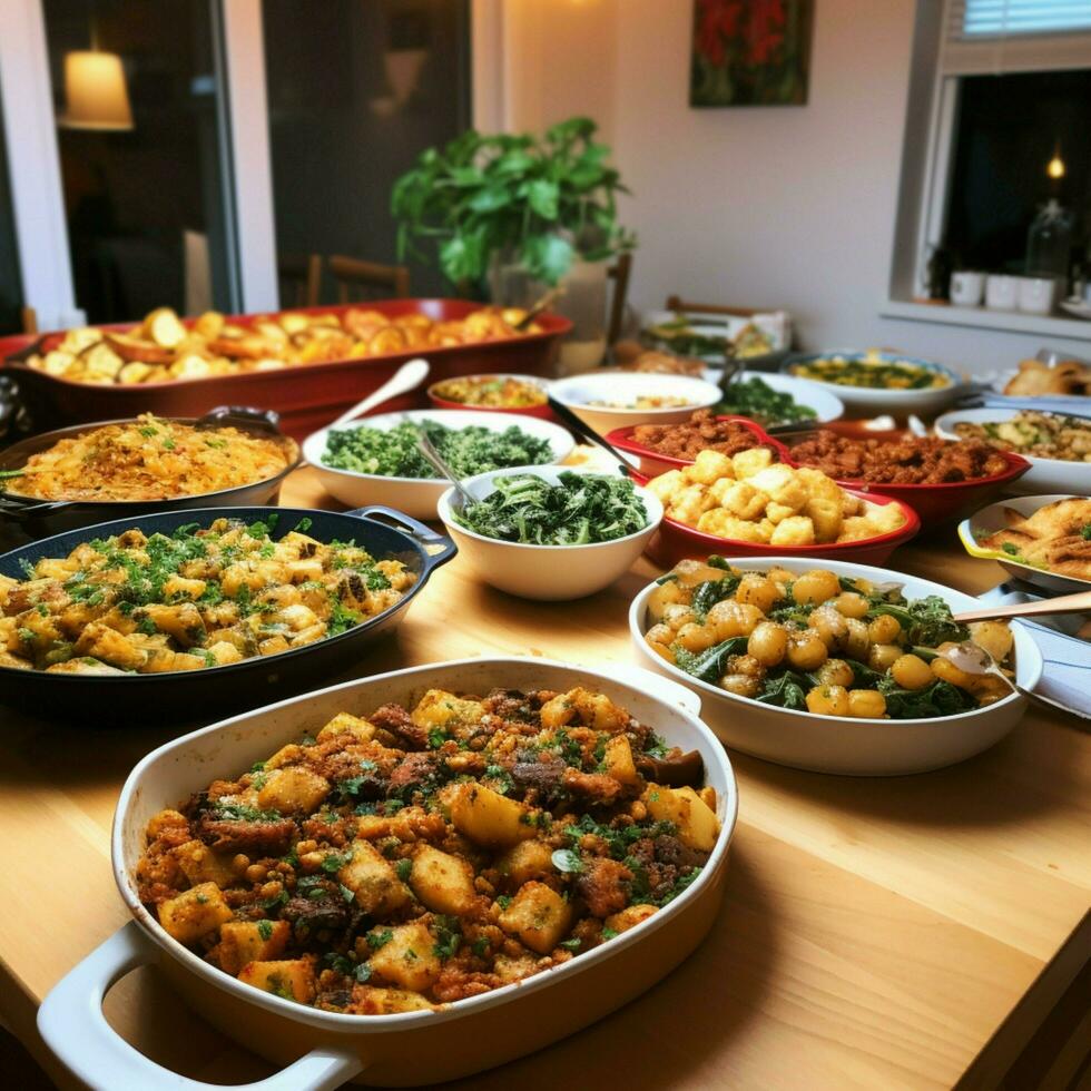 een gemeenschap potluck met een verscheidenheid van gerechten foto