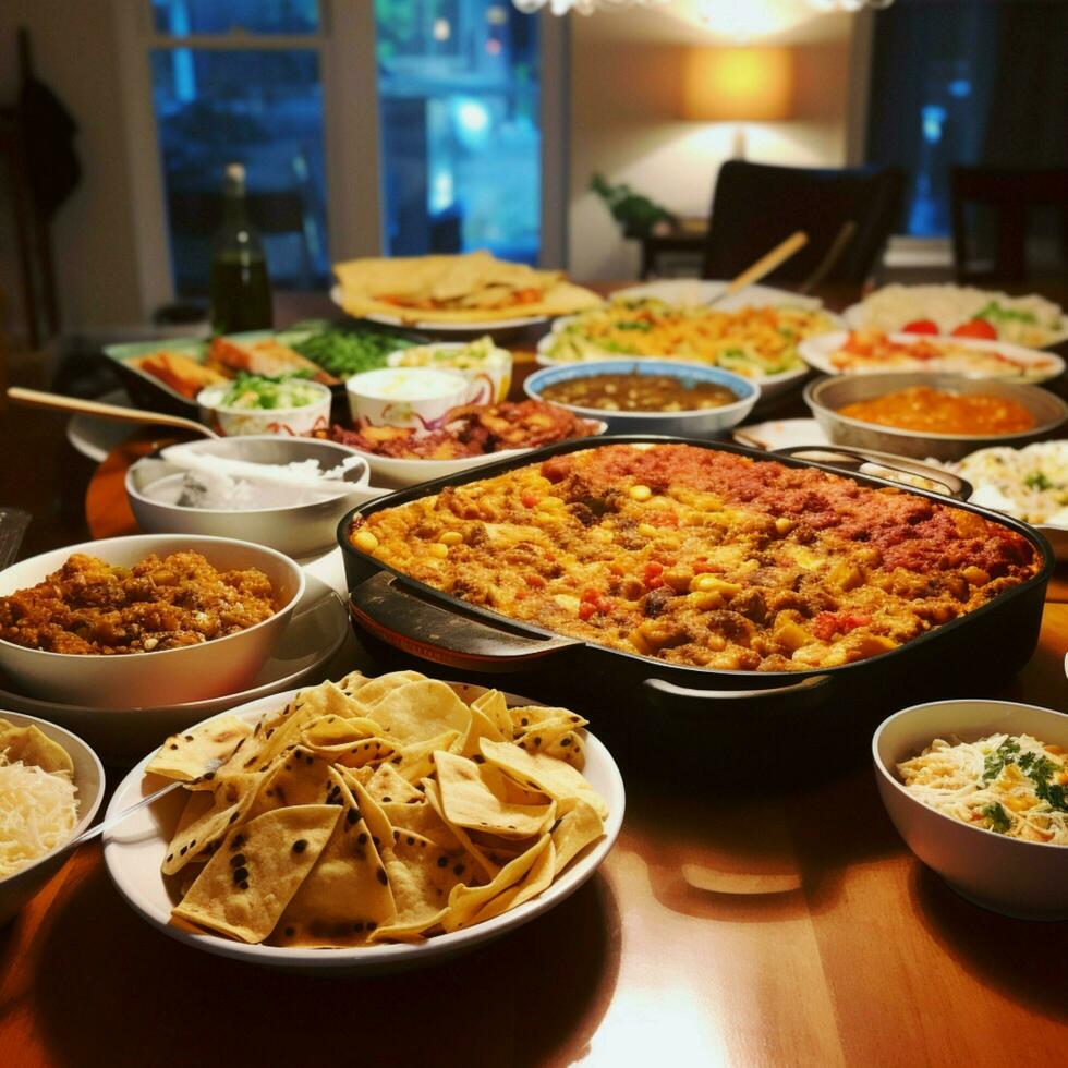 een gemeenschap potluck met een verscheidenheid van gerechten foto