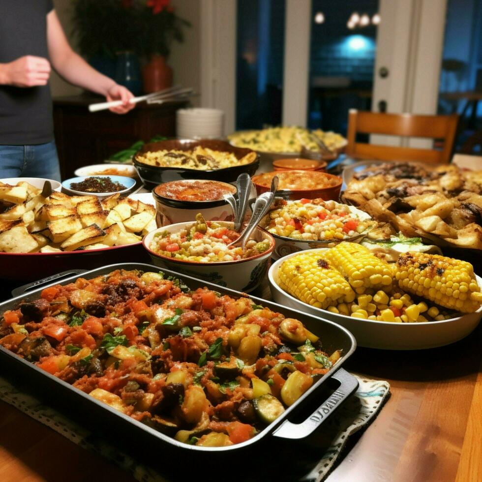 een gemeenschap potluck met een verscheidenheid van gerechten foto