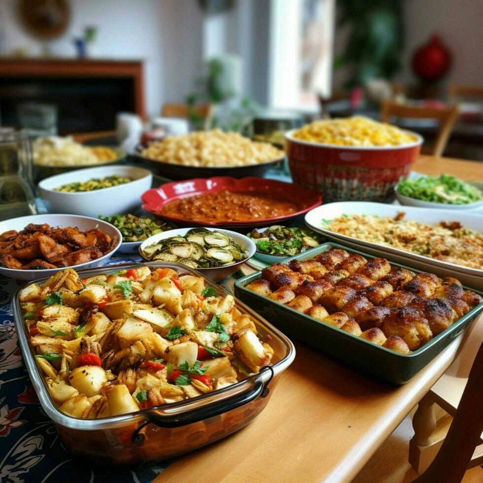 een gemeenschap potluck met een verscheidenheid van gerechten foto