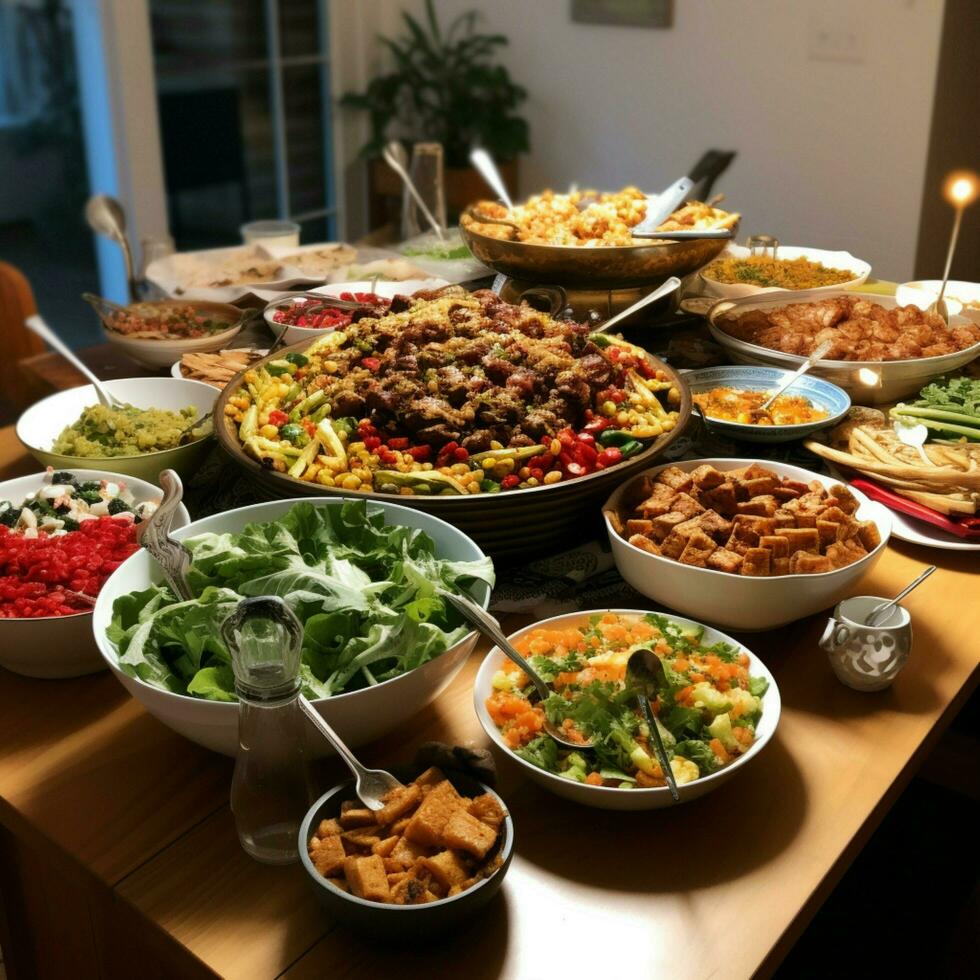 een gemeenschap potluck met een verscheidenheid van gerechten foto