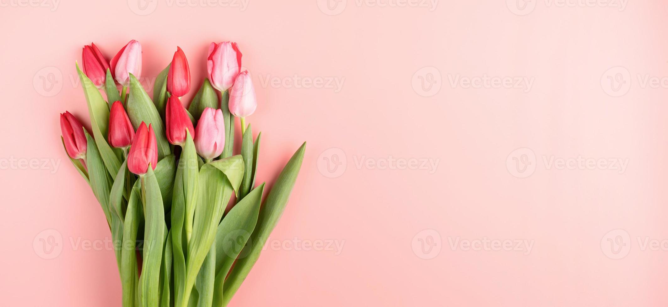 rode en roze tulpen op roze effen achtergrond bovenaanzicht plat lag foto